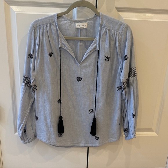 Velvet Tops - Velvet Light Blue Peasant Blouse with Black Embroidery